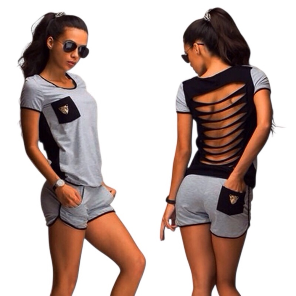 Shredded Matching Top & Shorts Set Women Color Gray Size S